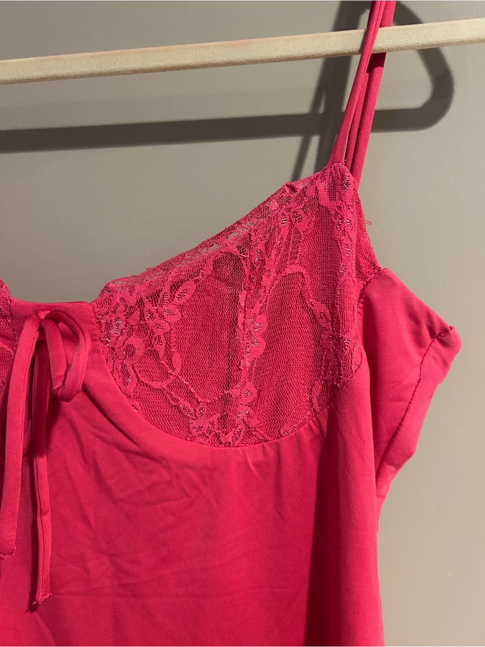 Lace-Trim Mini Dress with Tie Front in Hot Pink - Picture 2 of 3